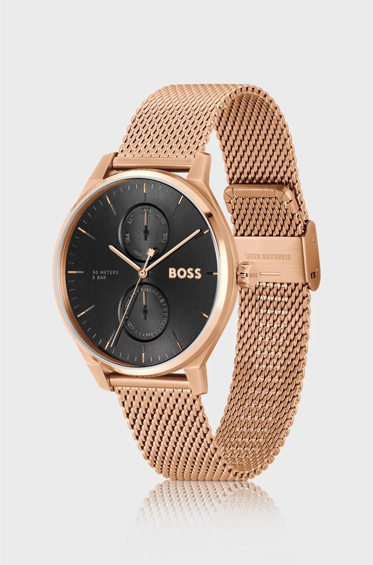 OROLOGIO CON QUADRANTE NERO E BRACCIALE A MAGLIE MILANESI COLOR ORO ROSA