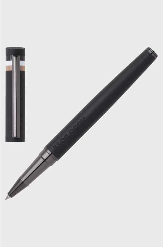 BLACK LOGO-DETAIL ROLLERBALL PEN WITH SIGNATURE-STRIPE CAP