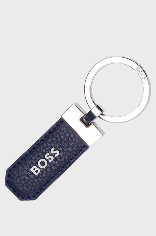 LOGO KEY RING IN NAVY GRAINED LEATHER AND BRASS