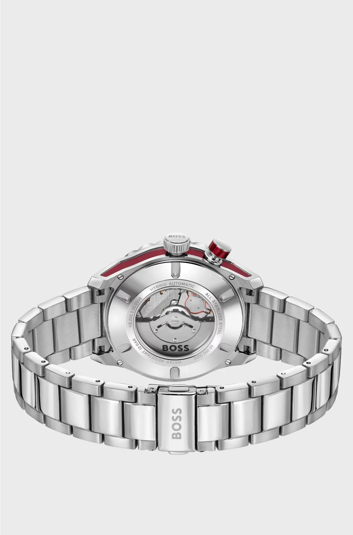 SILVER-TONE AUTOMATIC WATCH WITH RED MONOGRAM-TEXTURED DIAL