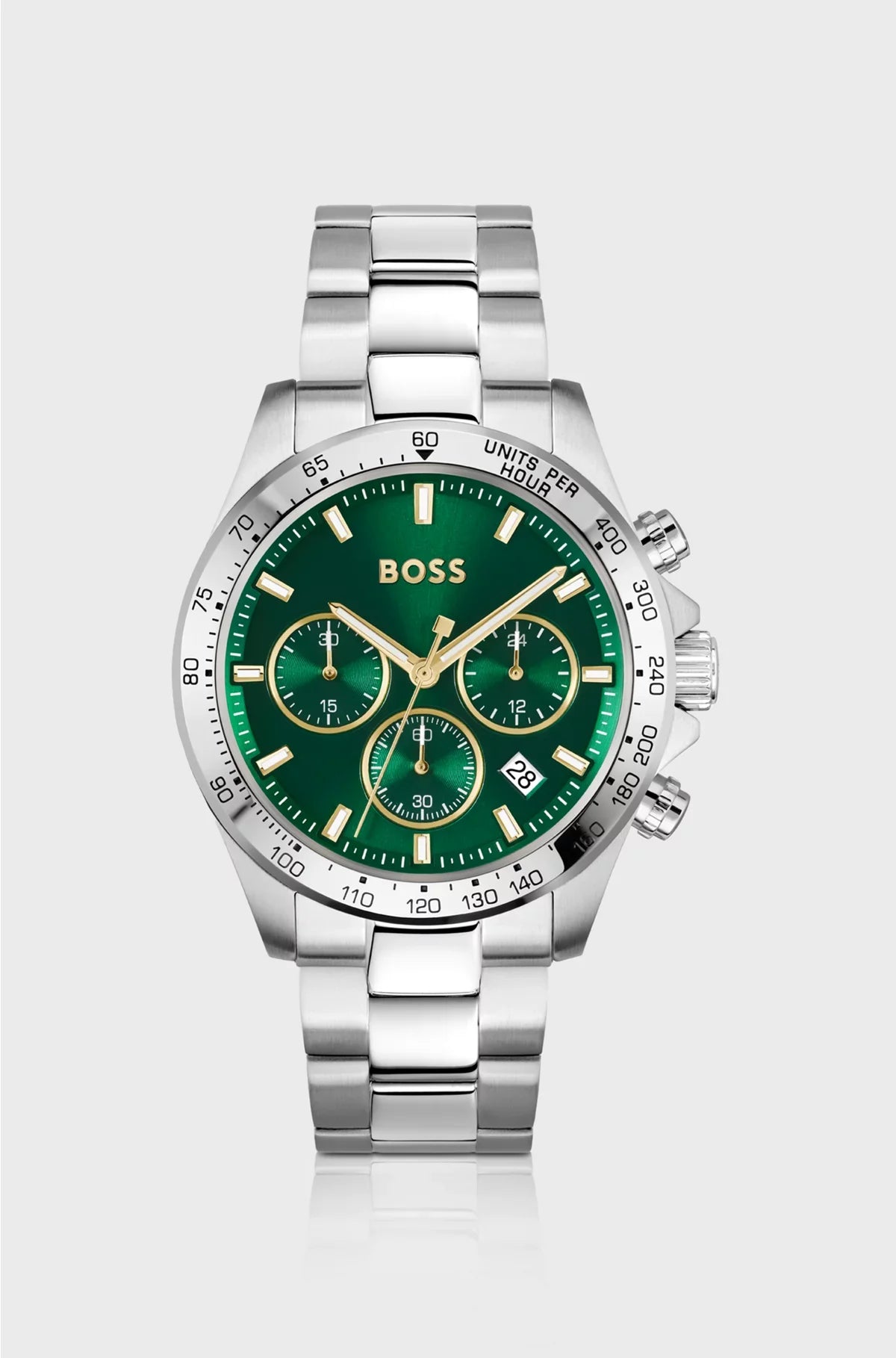 SILVER-TONE CHRONOGRAPH WATCH WITH GREEN DIAL