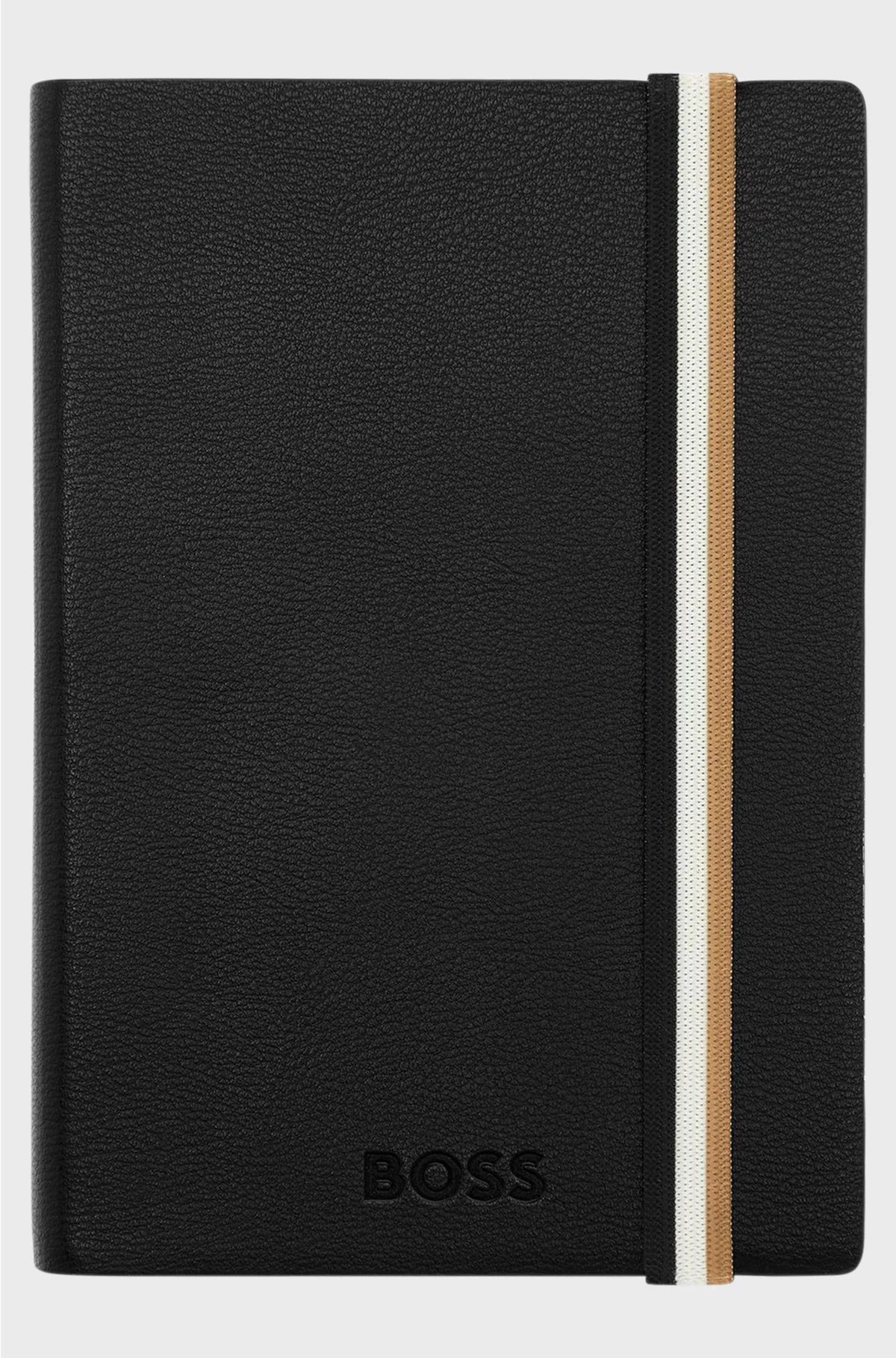 A6 BLACK FAUX-LEATHER NOTEBOOK WITH SIGNATURE-STRIPE STRAP