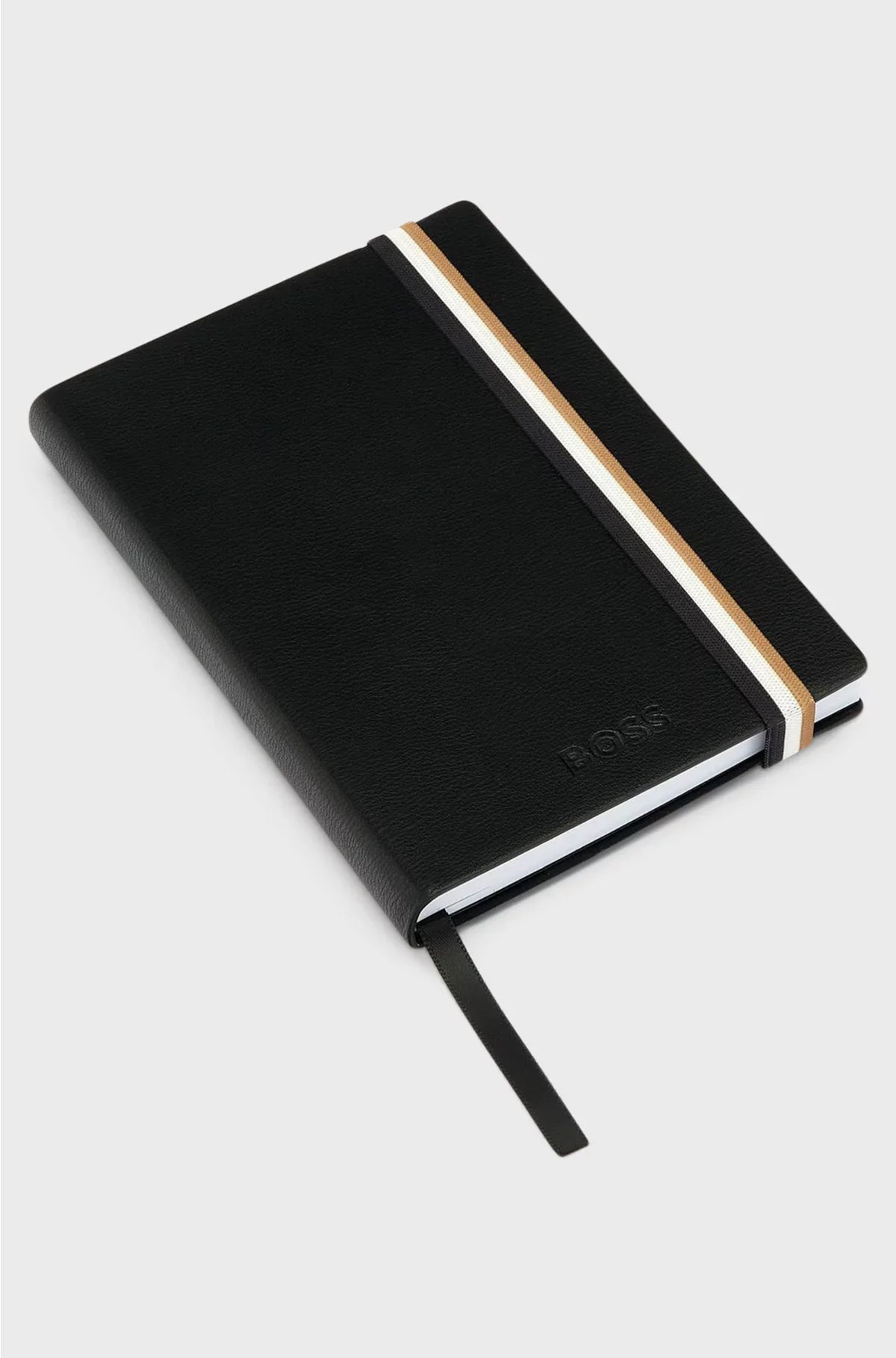 A6 BLACK FAUX-LEATHER NOTEBOOK WITH SIGNATURE-STRIPE STRAP