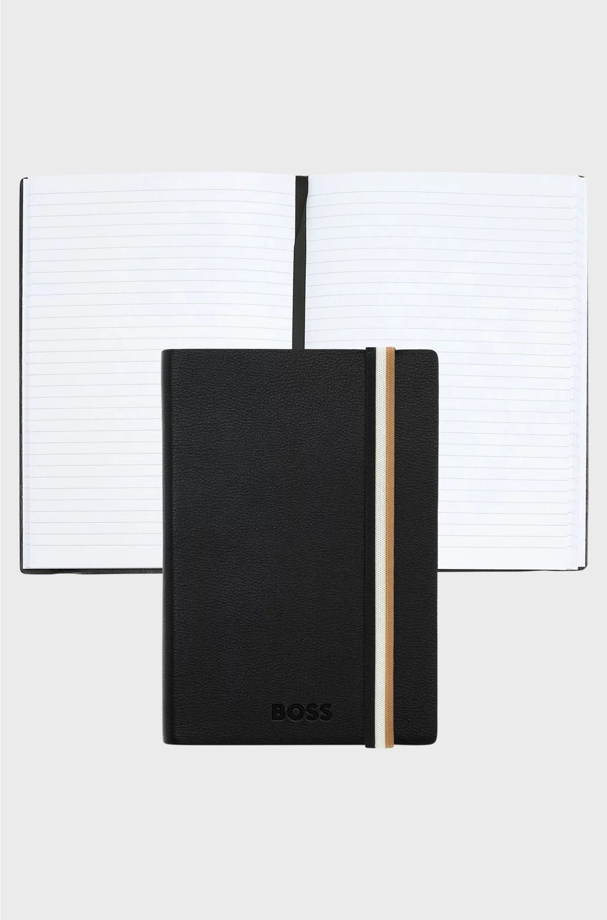 A6 BLACK FAUX-LEATHER NOTEBOOK WITH SIGNATURE-STRIPE STRAP