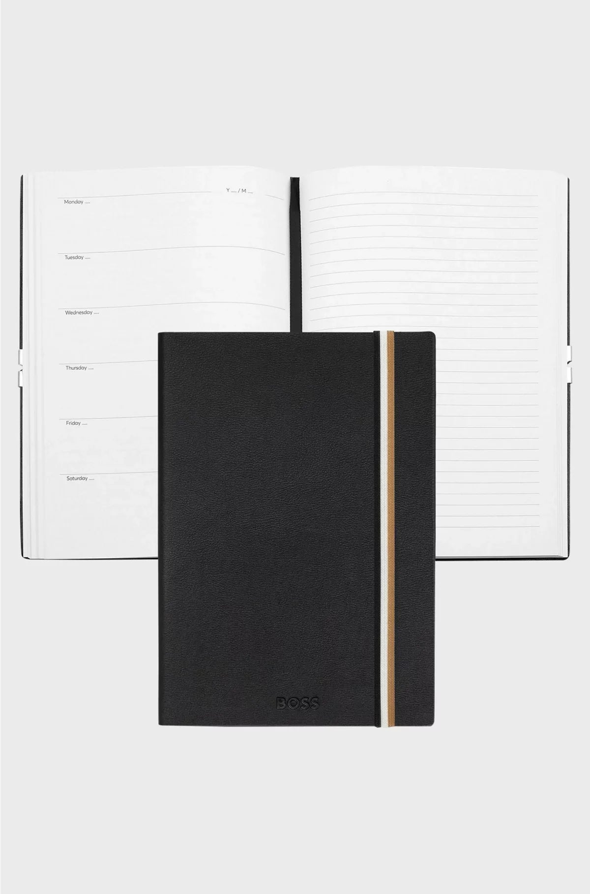 A5 BLACK FAUX-LEATHER NOTEBOOK WITH SIGNATURE-STRIPE STRAP