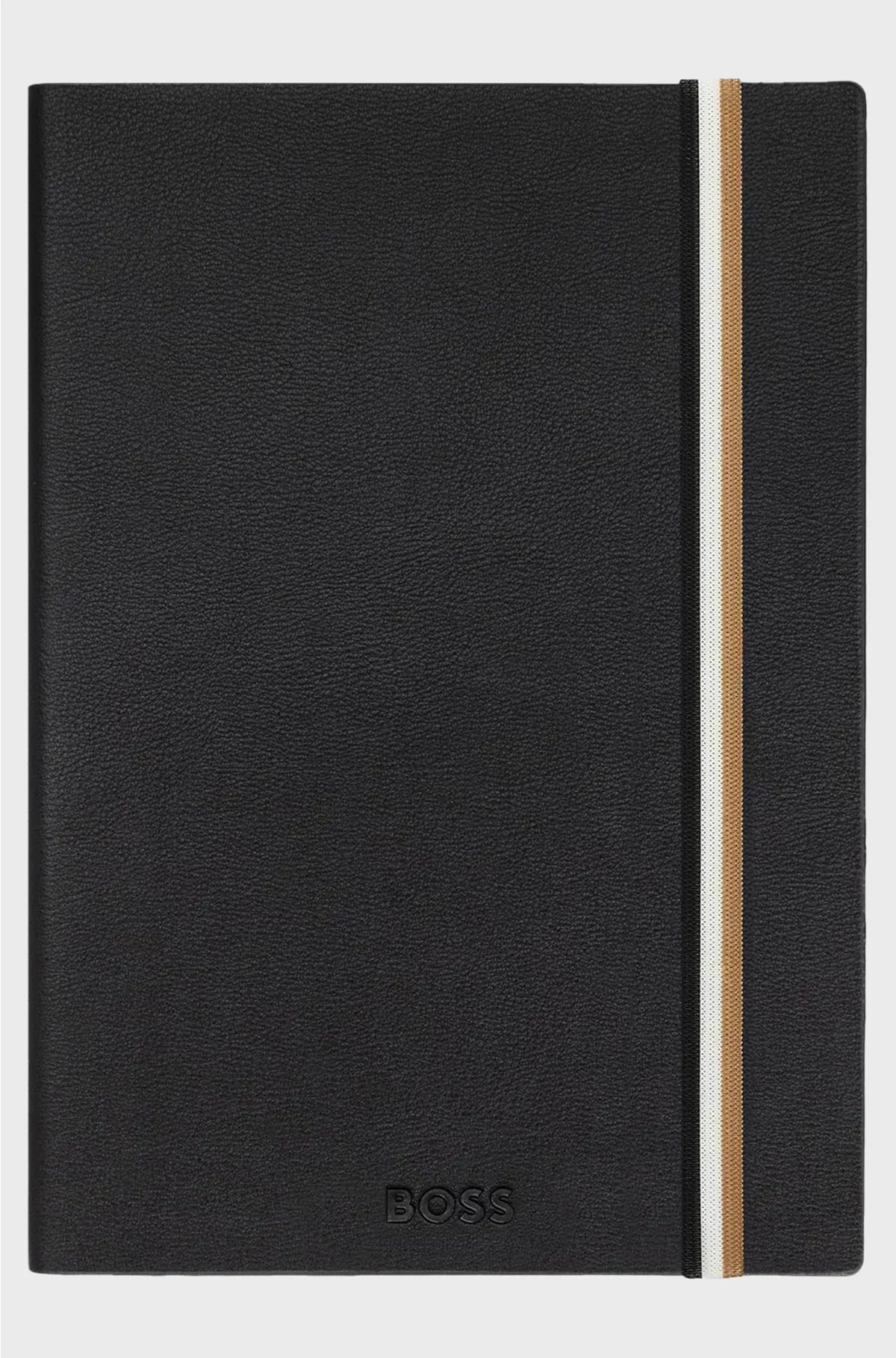 A5 BLACK FAUX-LEATHER NOTEBOOK WITH SIGNATURE-STRIPE STRAP