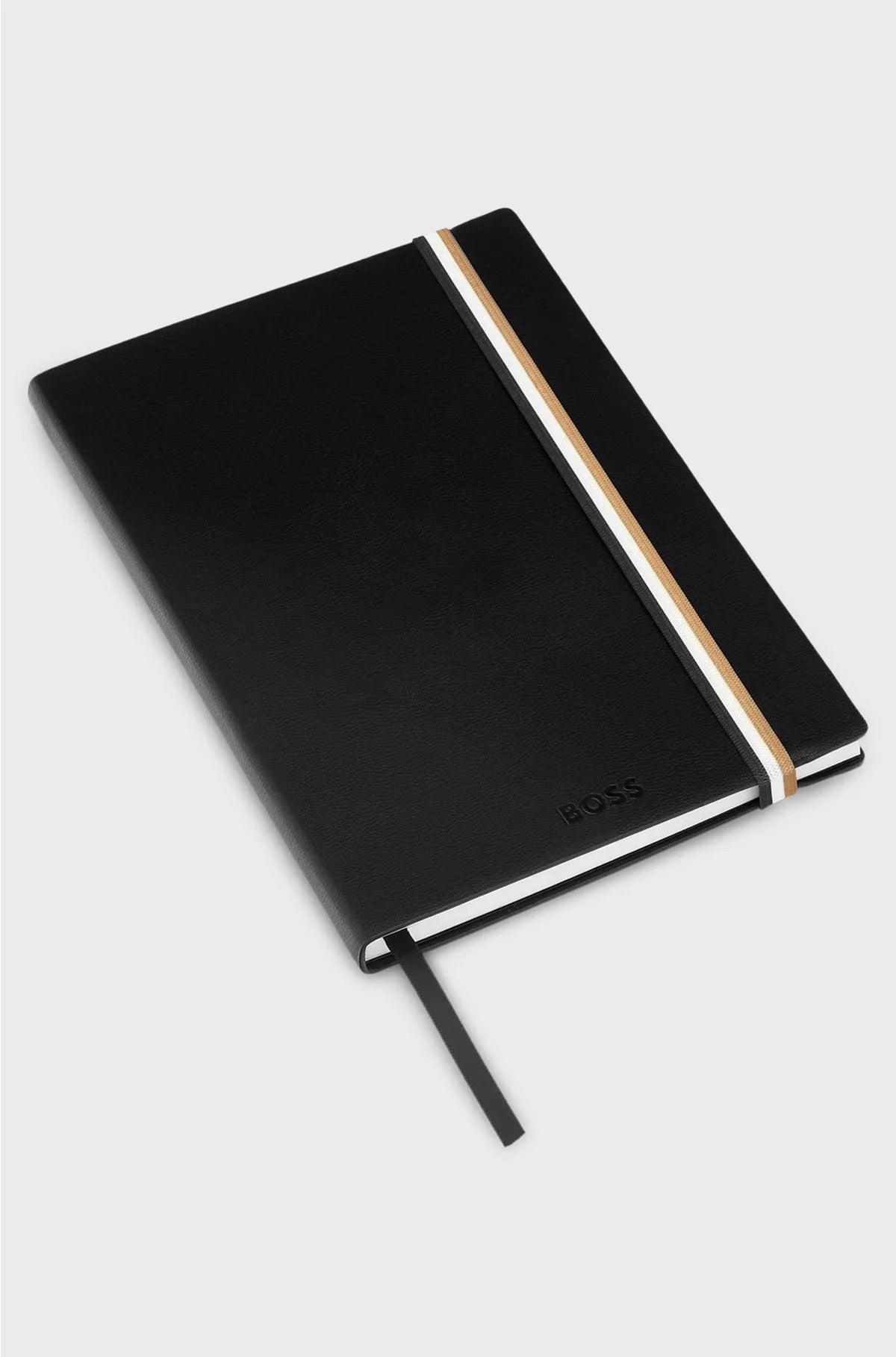 A5 BLACK FAUX-LEATHER NOTEBOOK WITH SIGNATURE-STRIPE STRAP