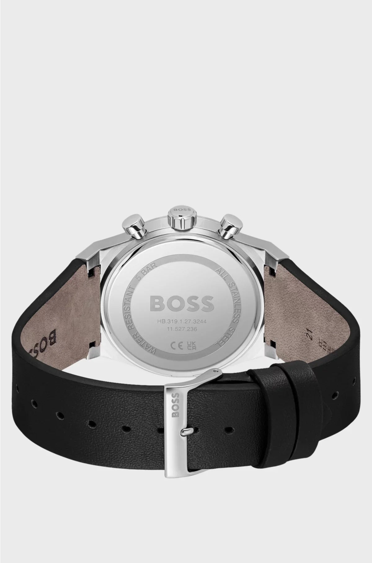 SILVER-TONE CHRONOGRAPH WATCH WITH BLACK LEATHER STRAP