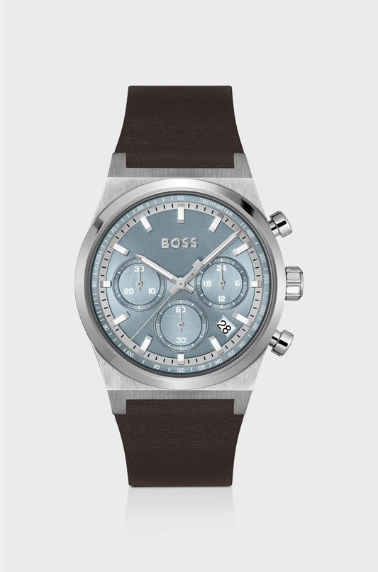 SILVER-TONE CHRONOGRAPH WATCH WITH BROWN LEATHER STRAP