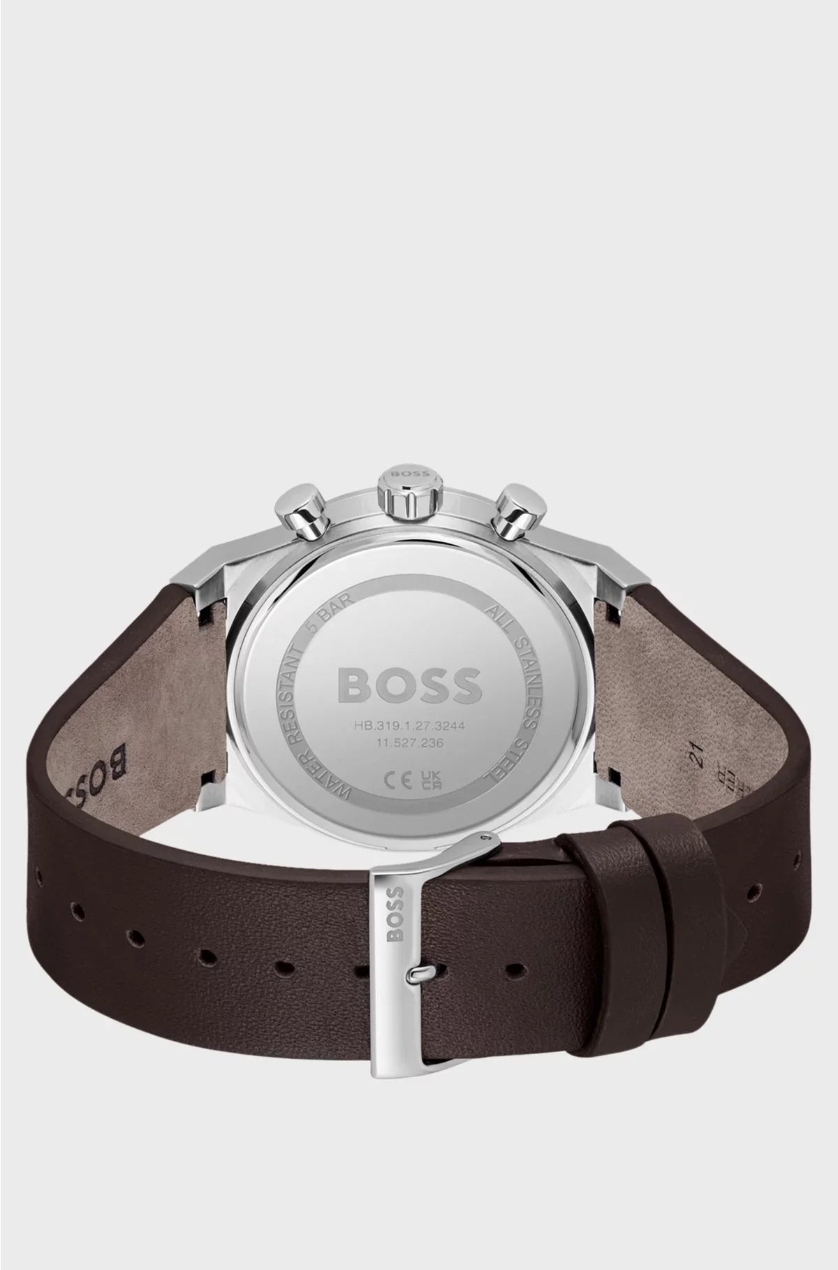 SILVER-TONE CHRONOGRAPH WATCH WITH BROWN LEATHER STRAP