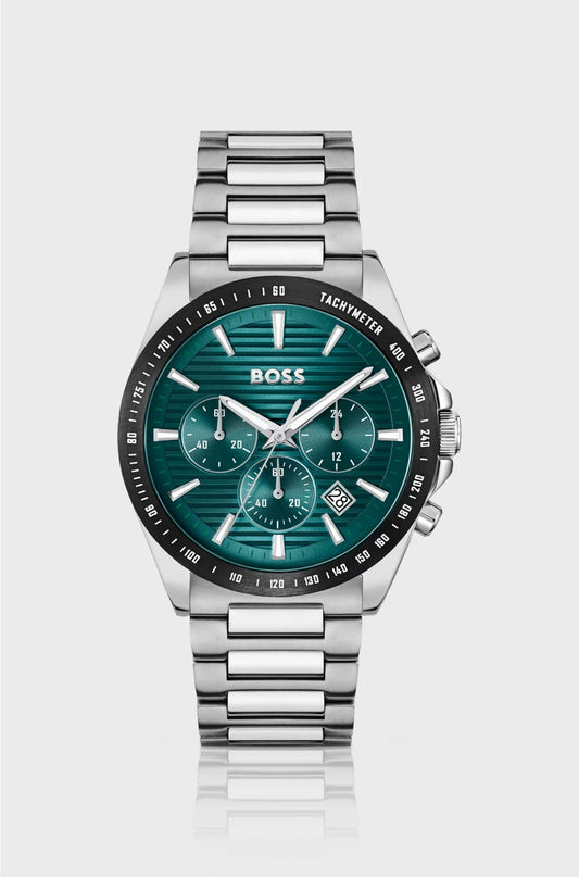 LINK-BRACELET CHRONOGRAPH WATCH WITH GREEN GROOVED DIAL