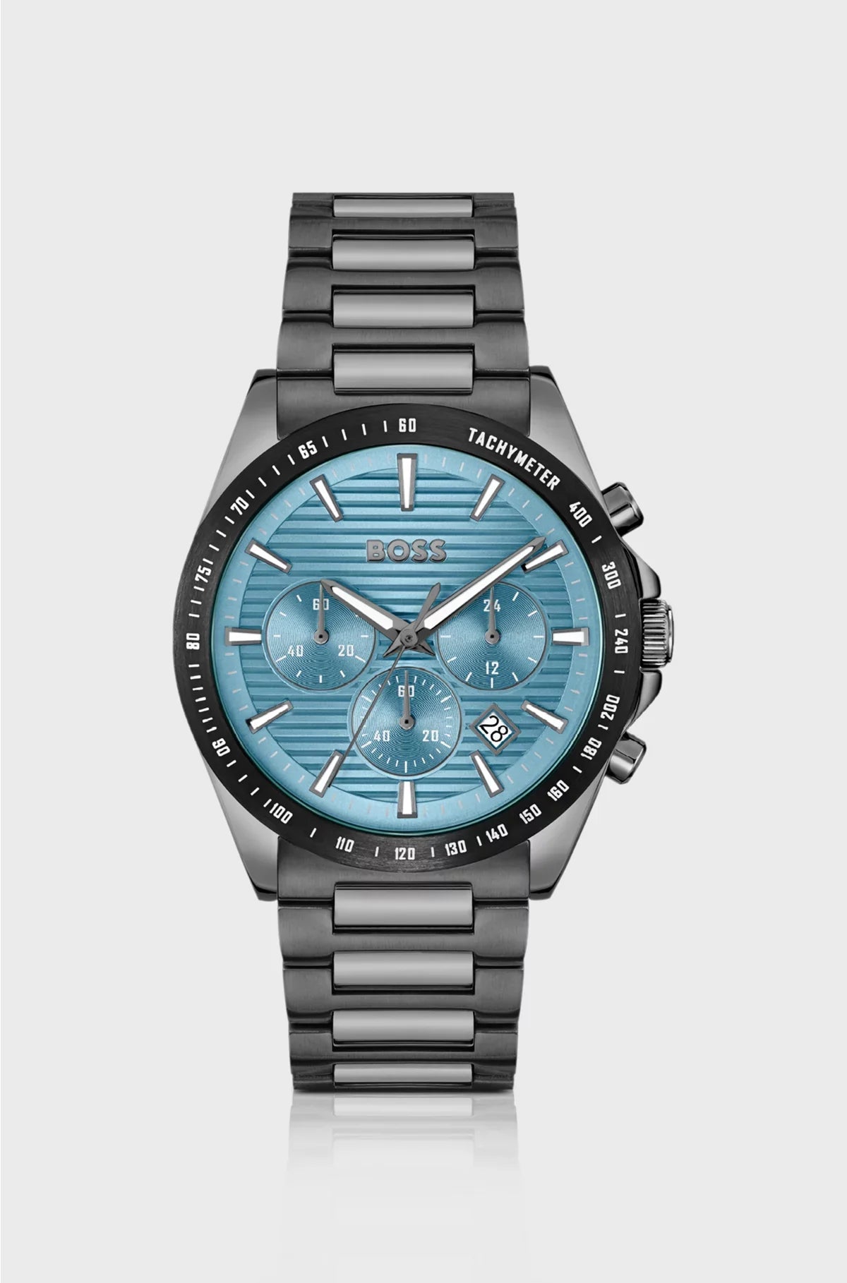GREY-PLATED CHRONOGRAPH WATCH WITH BLUE RIDGED DIAL