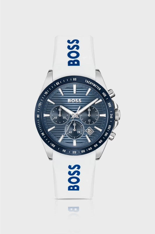 STRIKE GROOVED-DIAL CHRONOGRAPH WATCH WITH SILICONE LOGO STRAP