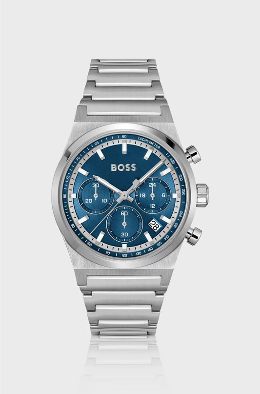 SILVER-TONE CHRONOGRAPH WATCH WITH BLUE DIAL