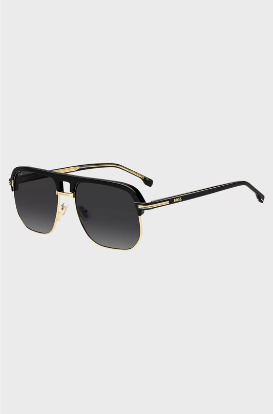 DOUBLE-BRIDGE SUNGLASSES IN METAL AND BLACK ACETATE