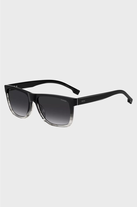 ENGRAVED-LOGO SUNGLASSES IN DEGRADE BLACK ACETATE