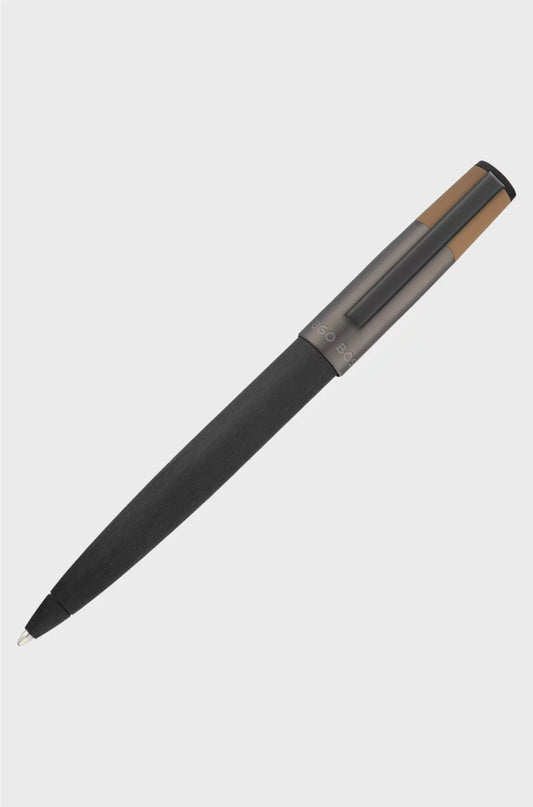 BRUSHED BALLPOINT PEN WITH CAMEL-COLOURED TRIM