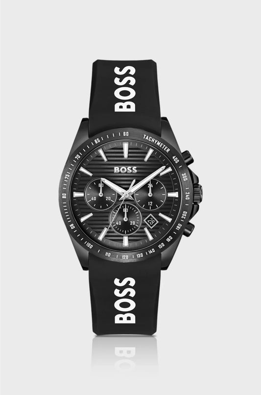 STRIKE BLACK-DIAL CHRONOGRAPH WATCH WITH SILICONE LOGO STRAP