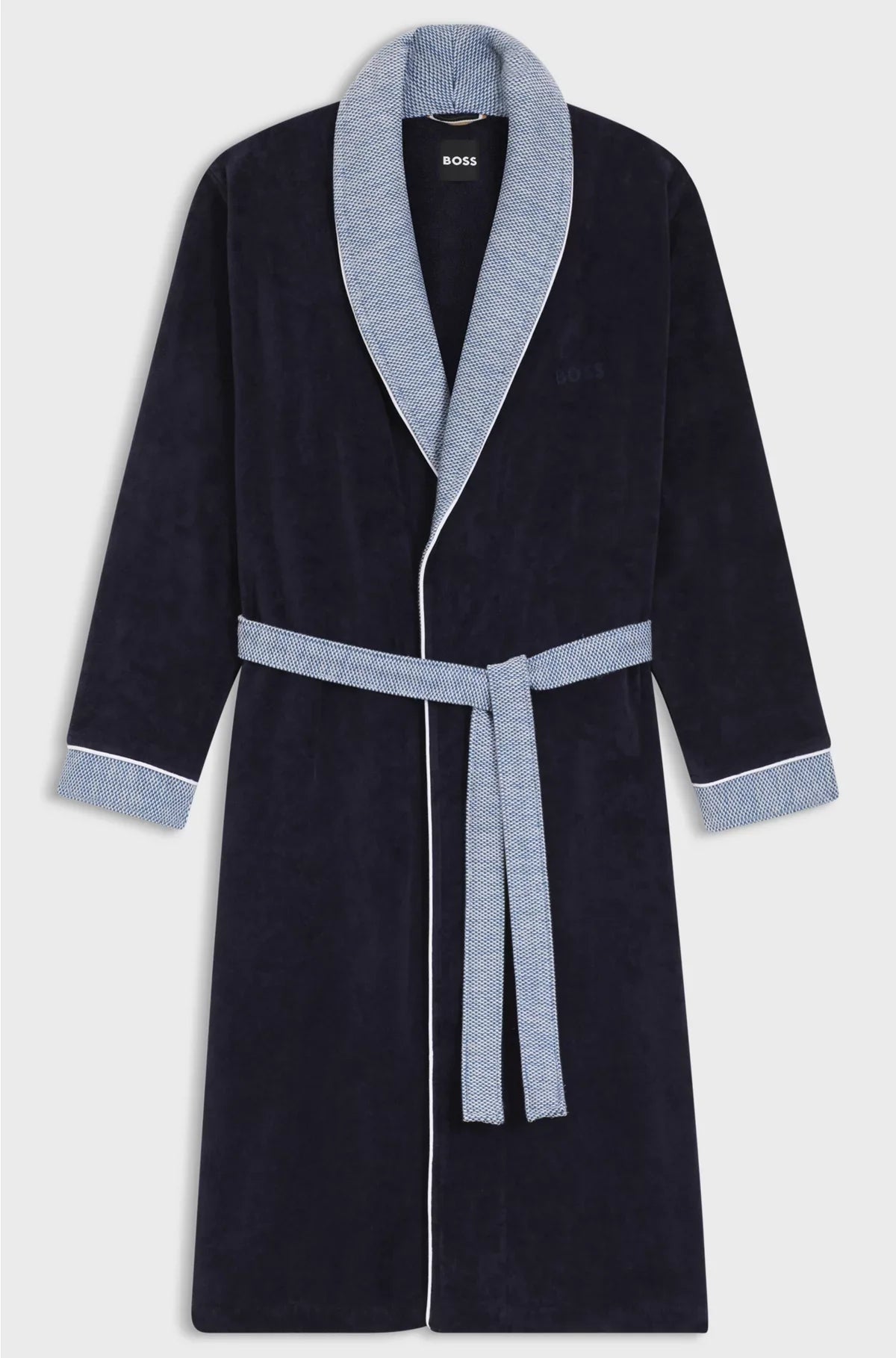NAVY COTTON-VELVET DRESSING GOWN WITH EMBROIDERED LOGO