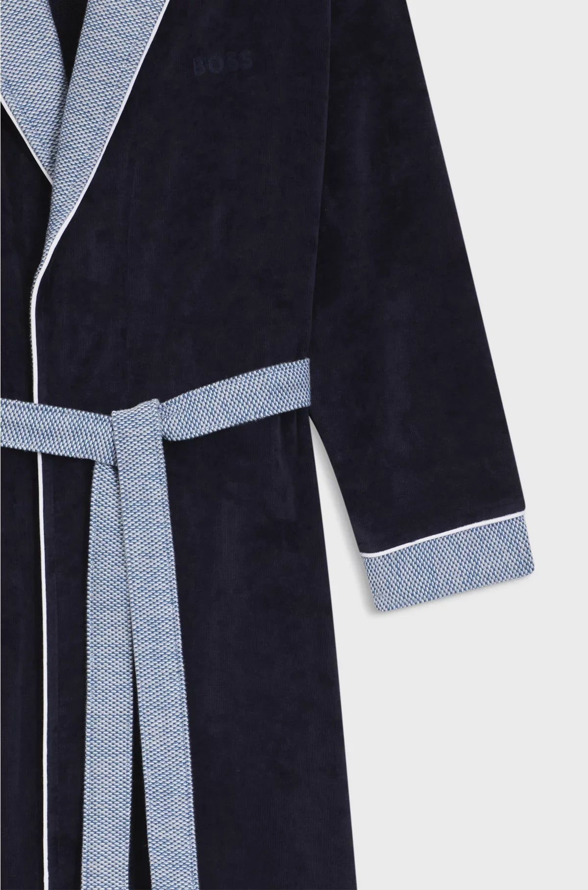 NAVY COTTON-VELVET DRESSING GOWN WITH EMBROIDERED LOGO