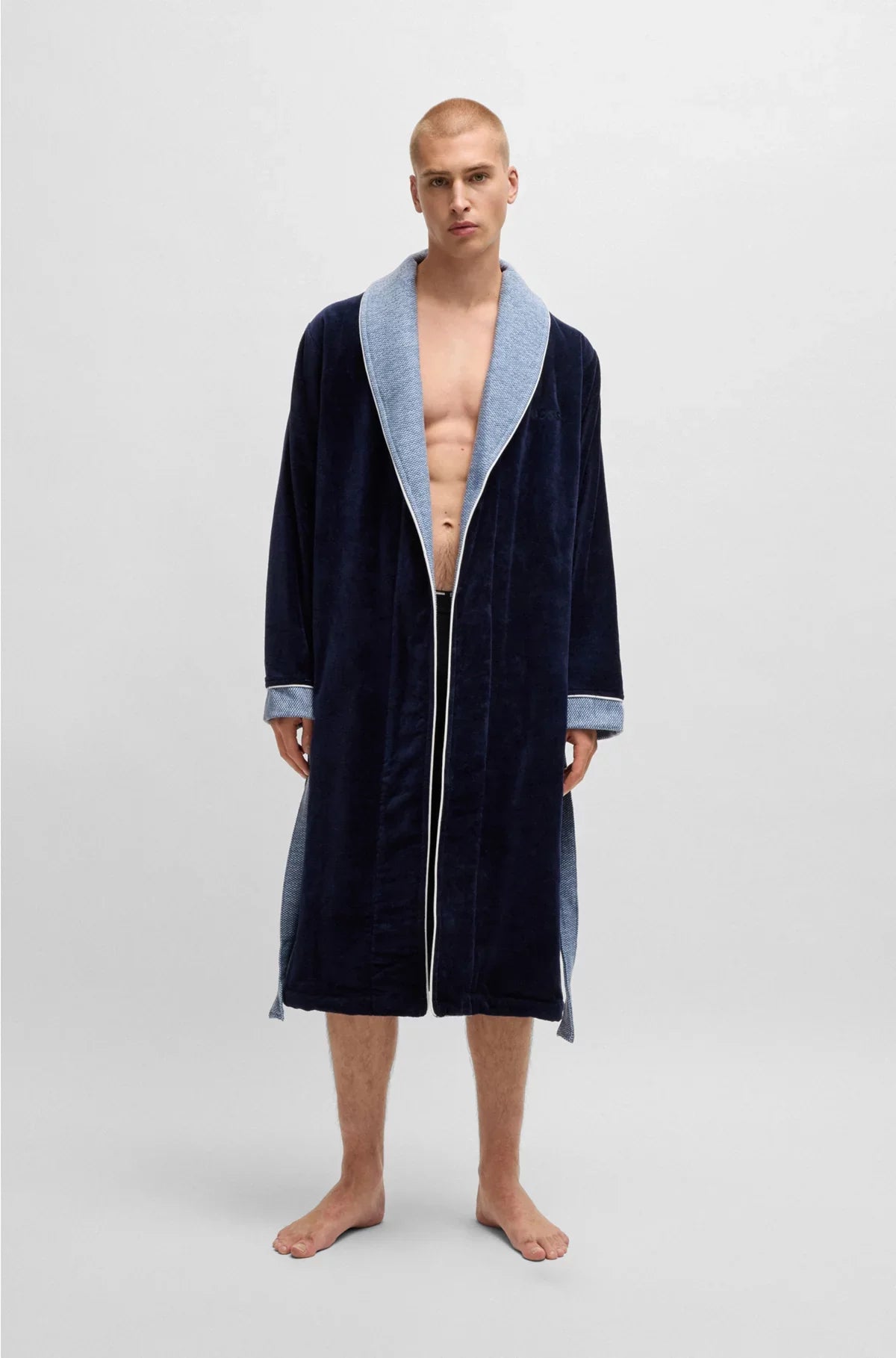 NAVY COTTON-VELVET DRESSING GOWN WITH EMBROIDERED LOGO