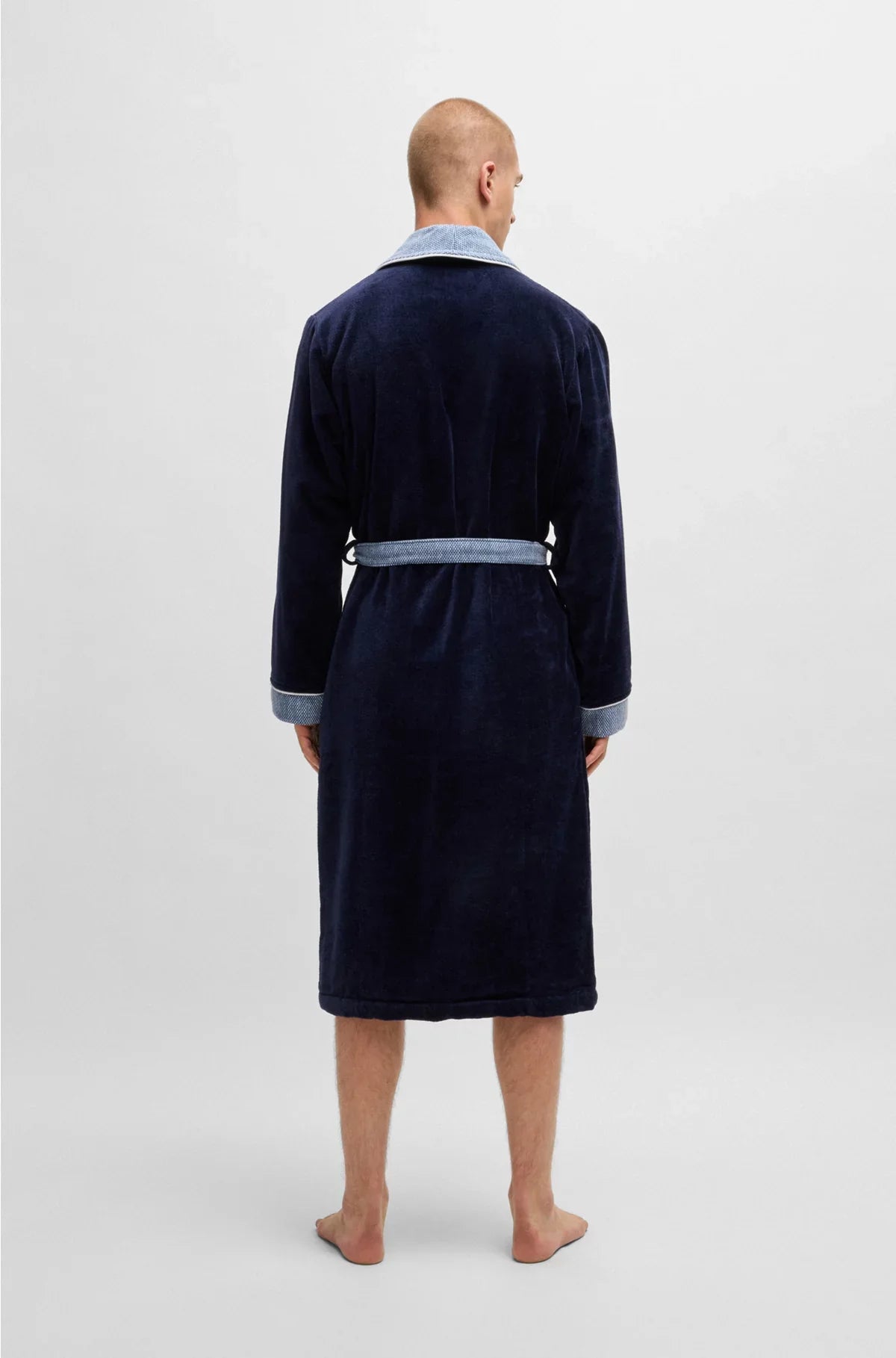 NAVY COTTON-VELVET DRESSING GOWN WITH EMBROIDERED LOGO