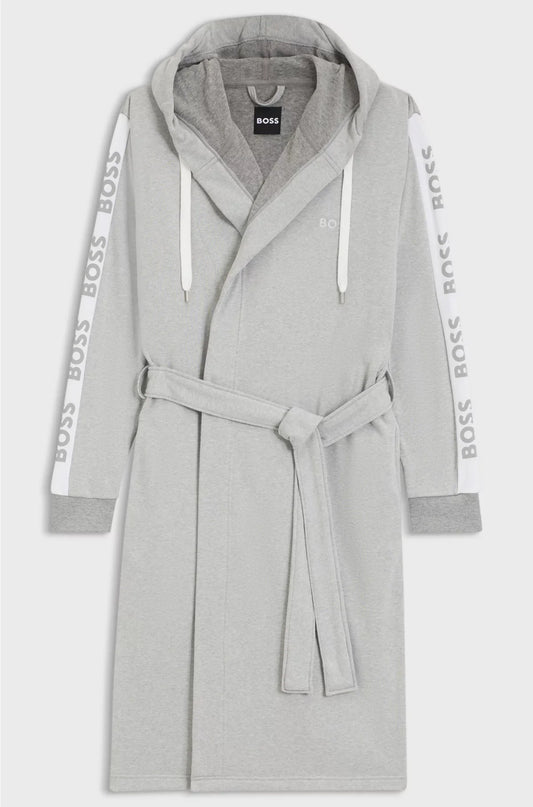 HOODED GREY DRESSING GOWN WITH LOGO-PRINT SLEEVES