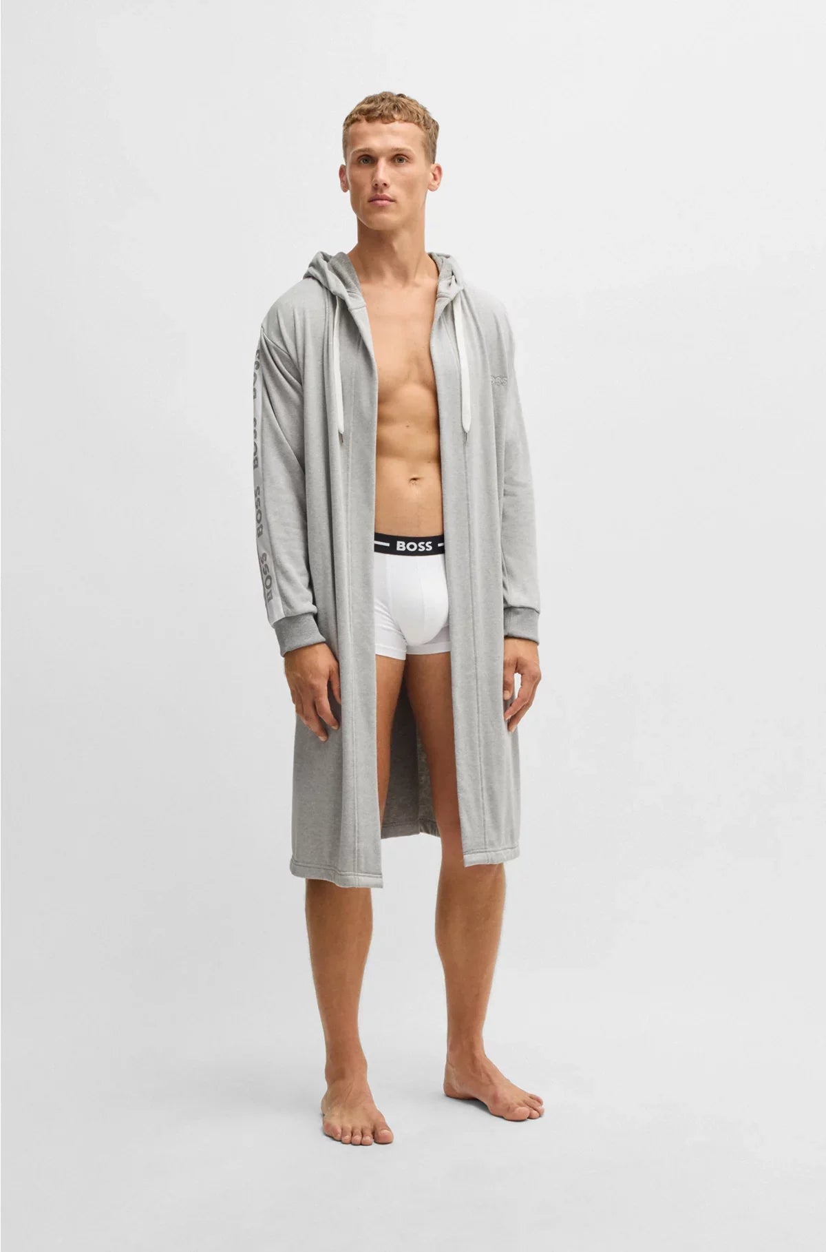 HOODED GREY DRESSING GOWN WITH LOGO-PRINT SLEEVES