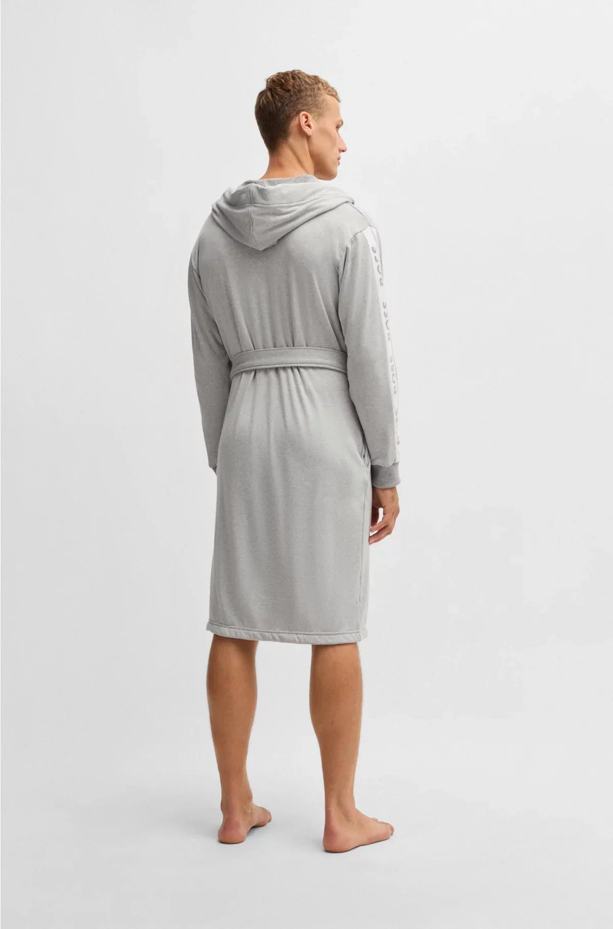 HOODED GREY DRESSING GOWN WITH LOGO-PRINT SLEEVES