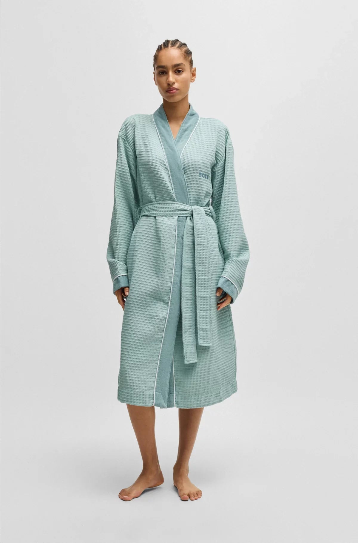 HONEYCOMB-COTTON DRESSING GOWN WITH TERRY CONTRASTS