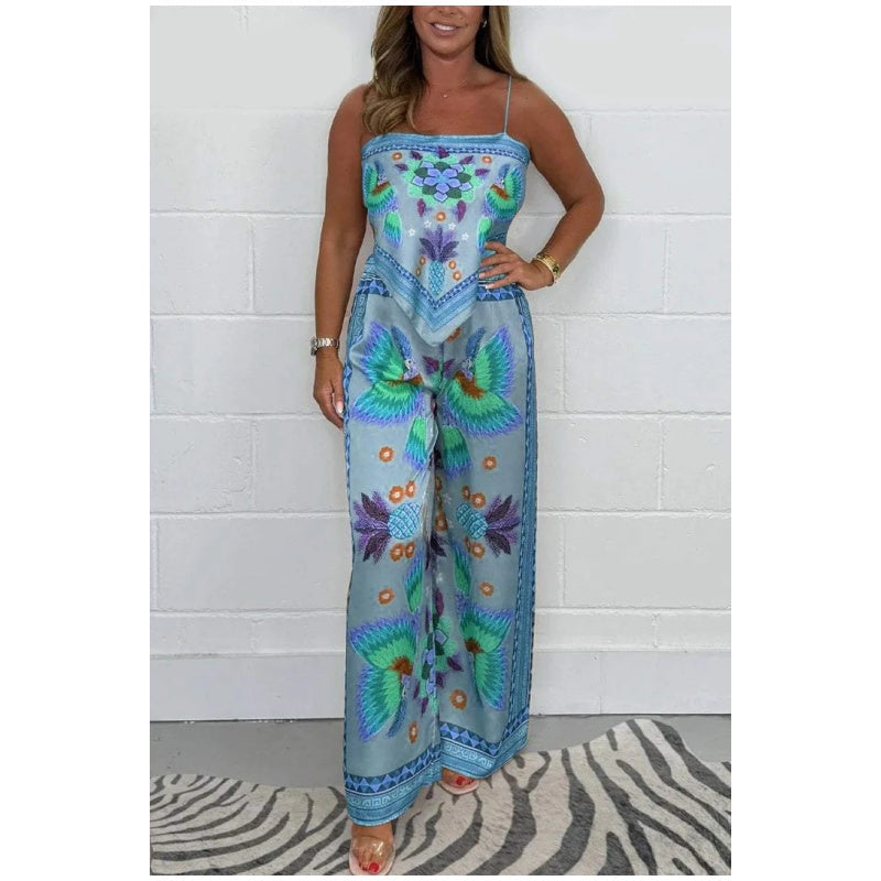 🔥Nuovi Arrivi SCONTO 60%⚡Oltre 50 MILA venduti!💝Top con Stampa a Bretelle Sottili e Pantaloni Larghi da Donna Completo 2 Pezzi