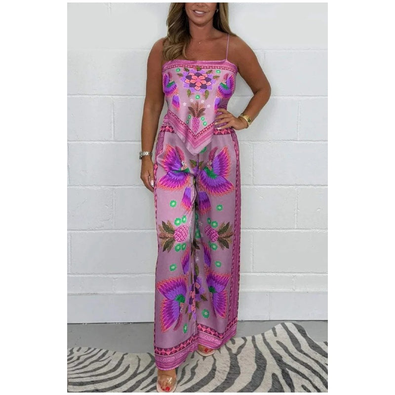 🔥Nuovi Arrivi SCONTO 60%⚡Oltre 50 MILA venduti!💝Top con Stampa a Bretelle Sottili e Pantaloni Larghi da Donna Completo 2 Pezzi