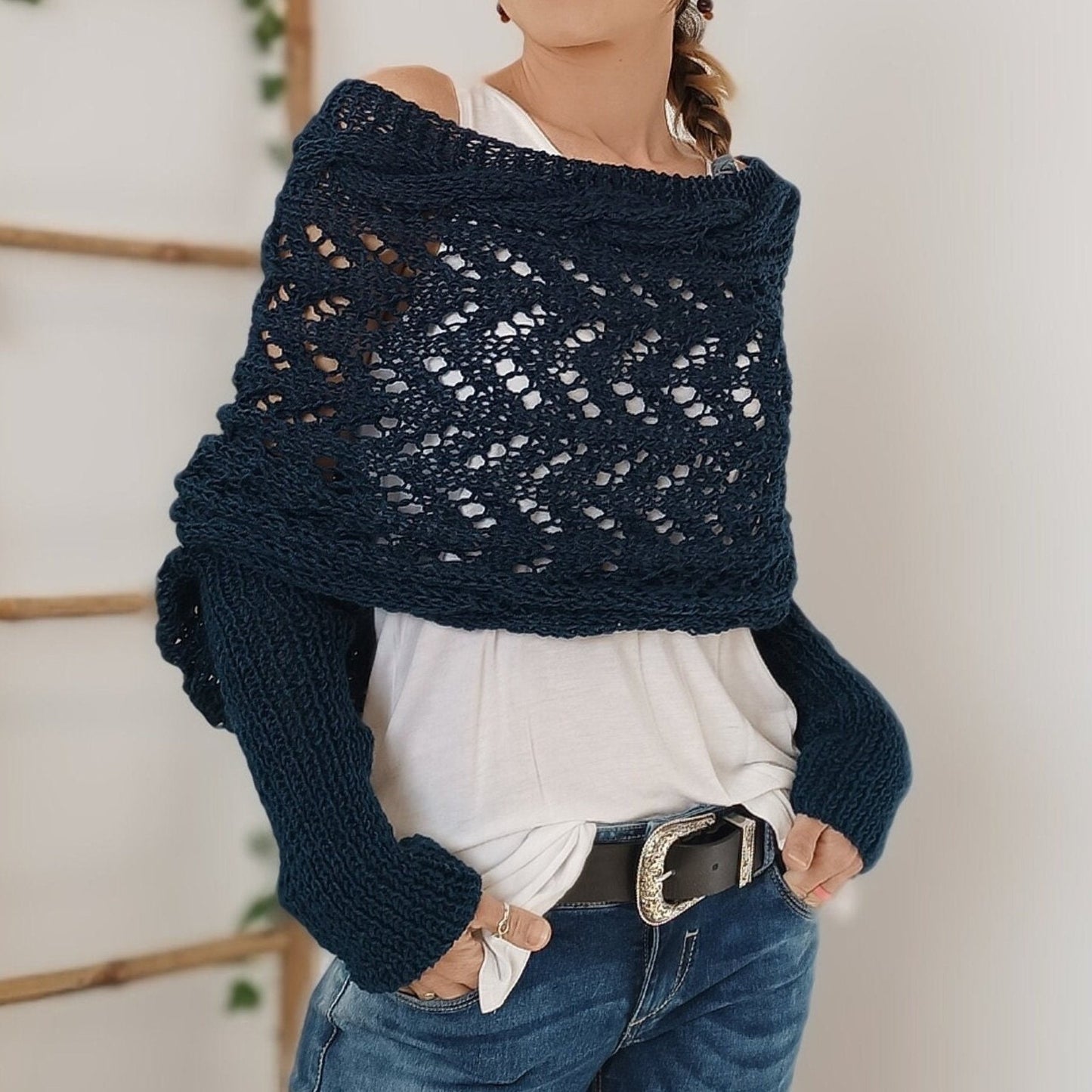 💥 Poncho scialle traforato a maglia da donna