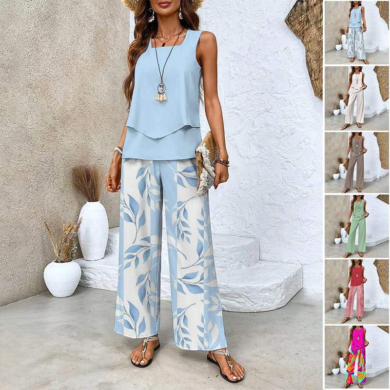 🌺 Completo due pezzi trendy da donna con stampa – Top senza maniche e pantaloni!"