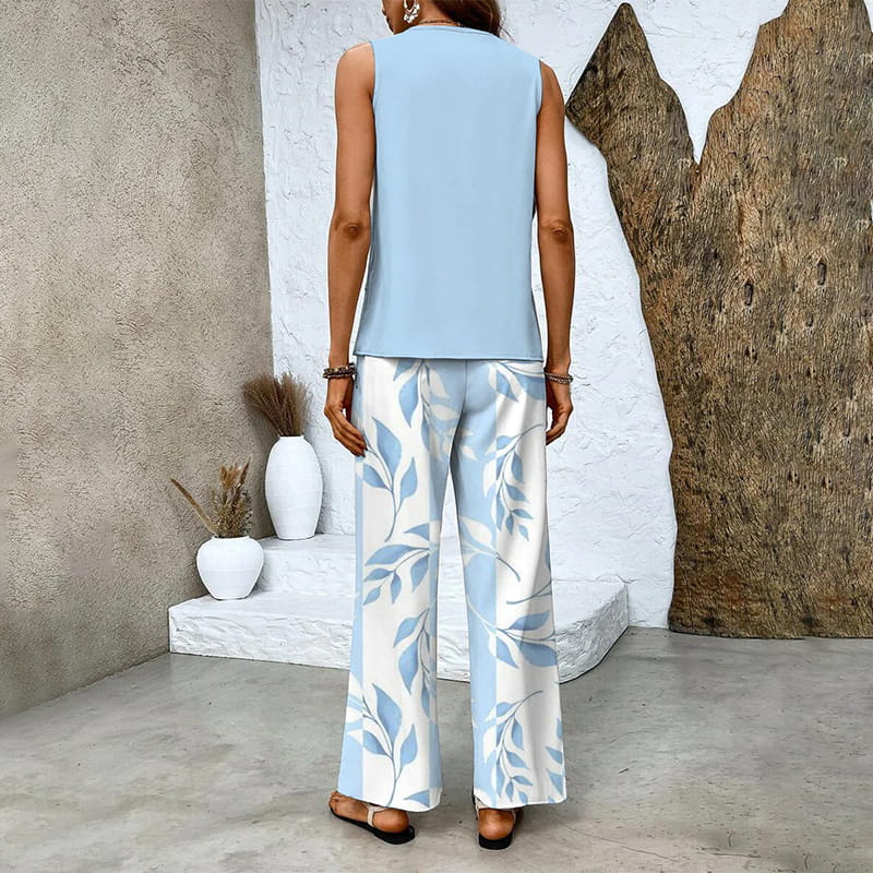 🌺 Completo due pezzi trendy da donna con stampa – Top senza maniche e pantaloni!"