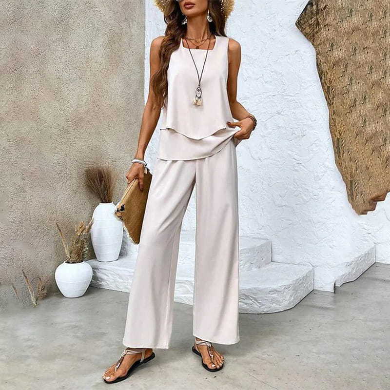🌺 Completo due pezzi trendy da donna con stampa – Top senza maniche e pantaloni!"