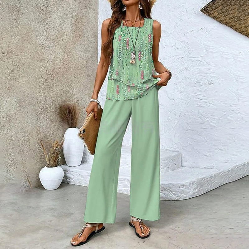 🌺 Completo due pezzi trendy da donna con stampa – Top senza maniche e pantaloni!"