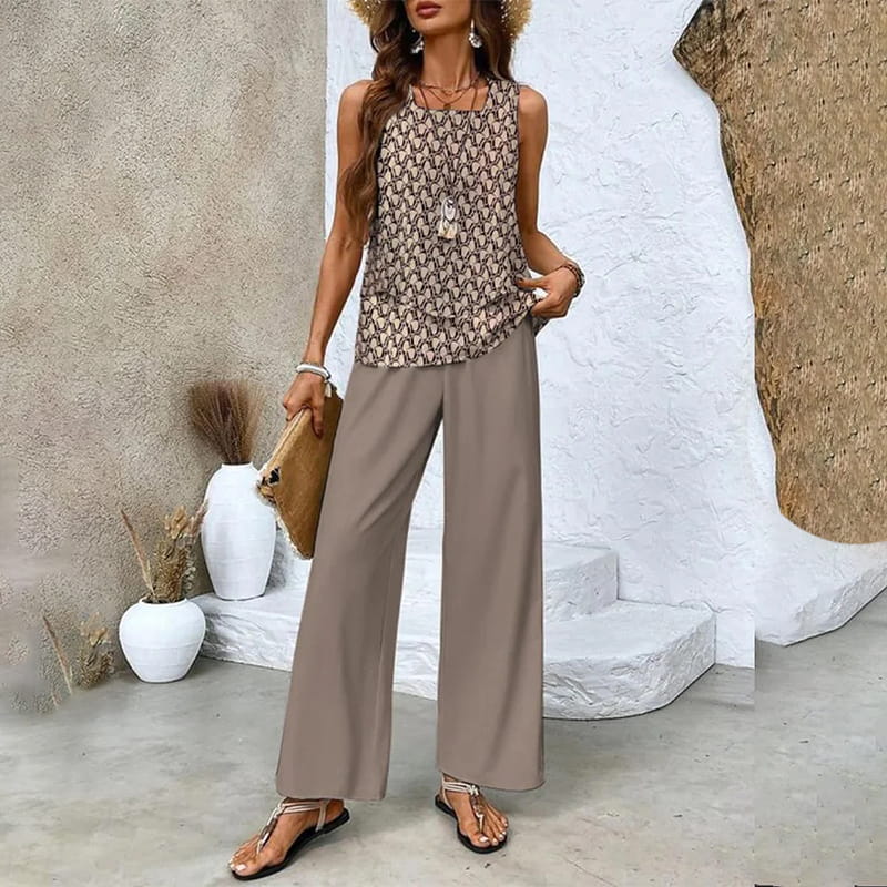 🌺 Completo due pezzi trendy da donna con stampa – Top senza maniche e pantaloni!"