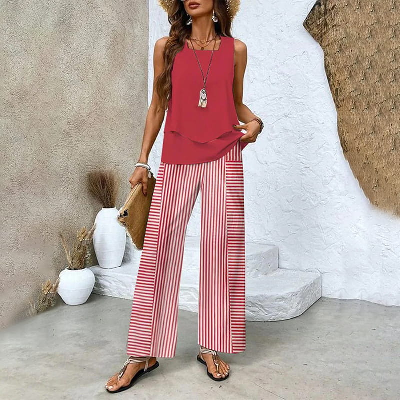 🌺 Completo due pezzi trendy da donna con stampa – Top senza maniche e pantaloni!"