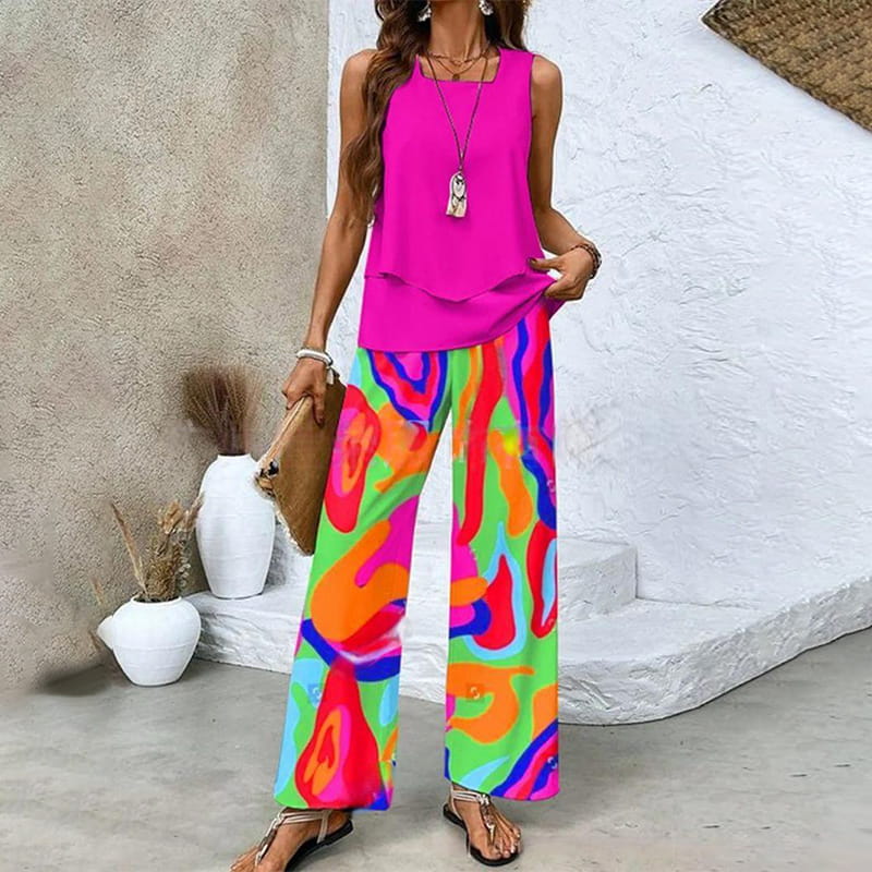 🌺 Completo due pezzi trendy da donna con stampa – Top senza maniche e pantaloni!"