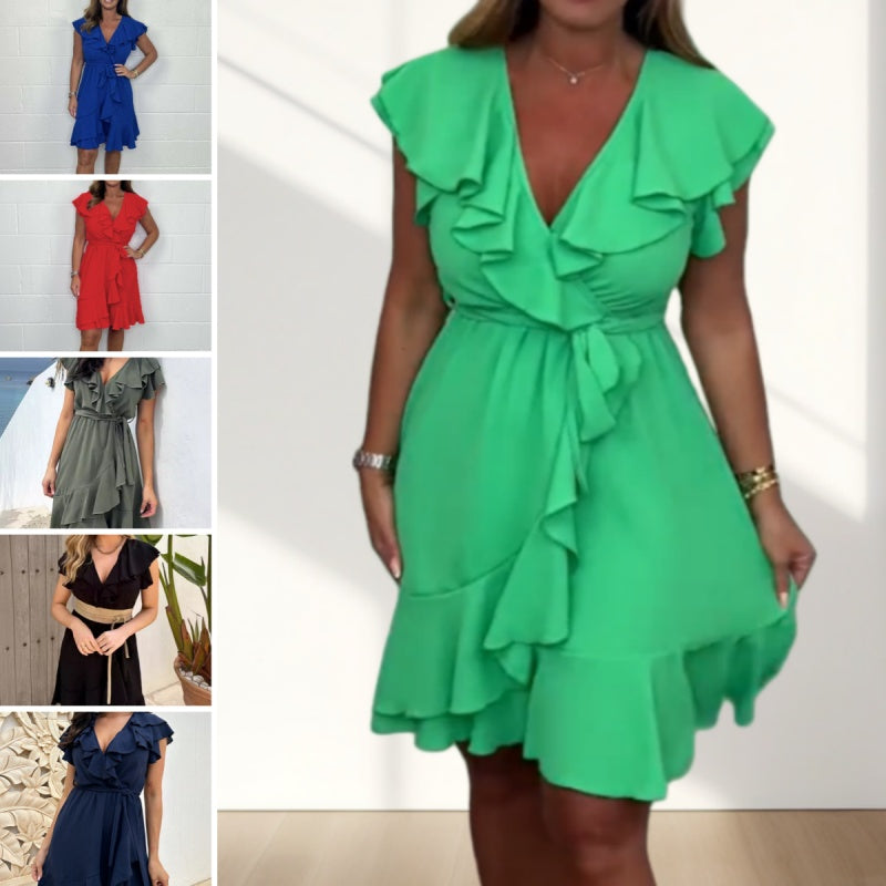 💖SALDI ULTIMO GIORNO SCONTO 50%💖Vestito Elegante da Donna con Cintura in Vita e Scollo a V con Balze