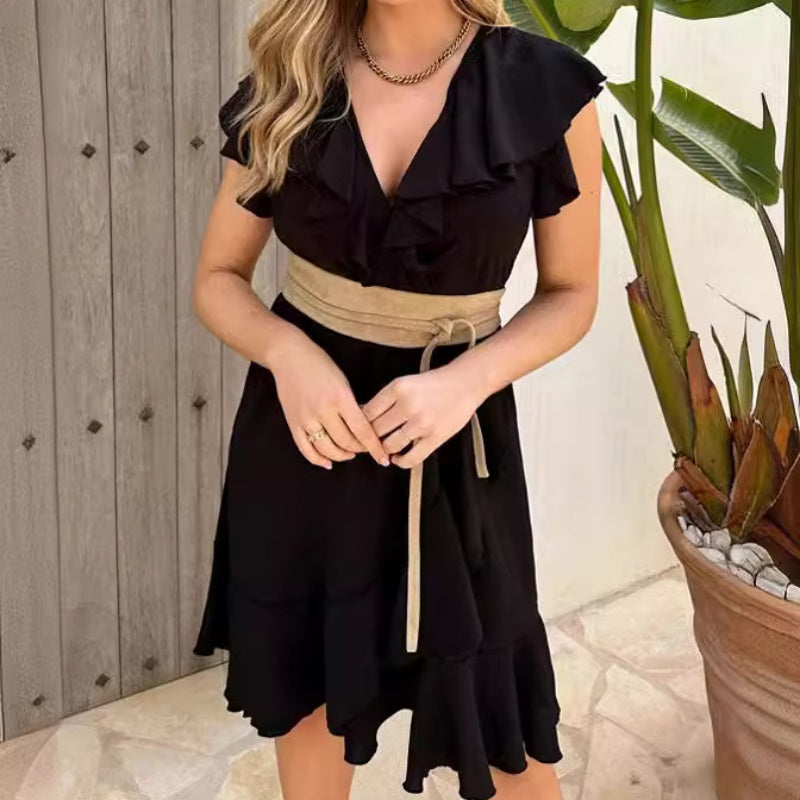 💖SALDI ULTIMO GIORNO SCONTO 50%💖Vestito Elegante da Donna con Cintura in Vita e Scollo a V con Balze