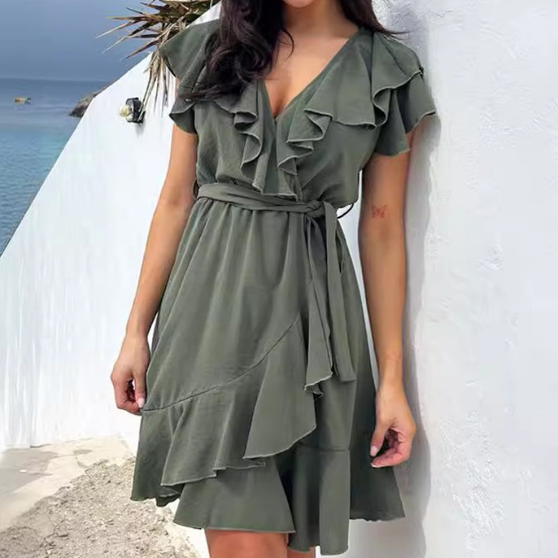 💖SALDI ULTIMO GIORNO SCONTO 50%💖Vestito Elegante da Donna con Cintura in Vita e Scollo a V con Balze