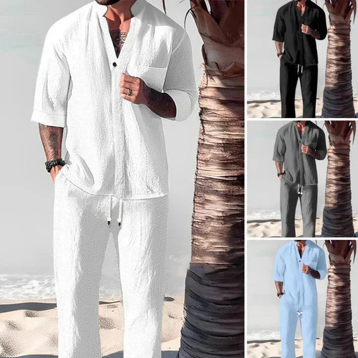 Completo da uomo due pezzi in cotone e lino: top e pantaloni di tendenza🎉GRANDE SCONTO DEL 50%