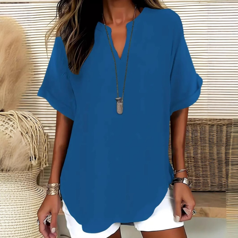 💎 SCONTO DEL 60%! 💎 Top a maniche corte casual – Scollo a V con intaglio, orlo asimmetrico e tessuto leggero (5 colori, S–2XL) 👕🌸