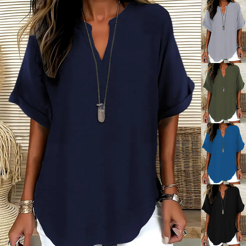 💎 SCONTO DEL 60%! 💎 Top a maniche corte casual – Scollo a V con intaglio, orlo asimmetrico e tessuto leggero (5 colori, S–2XL) 👕🌸