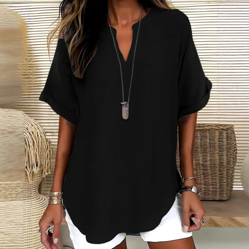 💎 SCONTO DEL 60%! 💎 Top a maniche corte casual – Scollo a V con intaglio, orlo asimmetrico e tessuto leggero (5 colori, S–2XL) 👕🌸