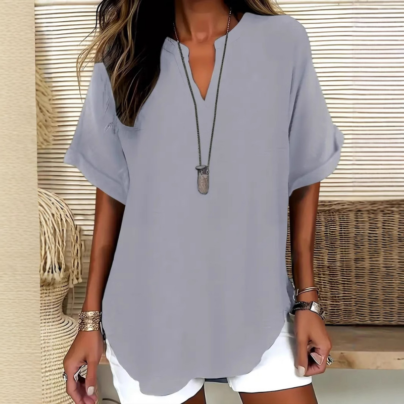 💎 SCONTO DEL 60%! 💎 Top a maniche corte casual – Scollo a V con intaglio, orlo asimmetrico e tessuto leggero (5 colori, S–2XL) 👕🌸