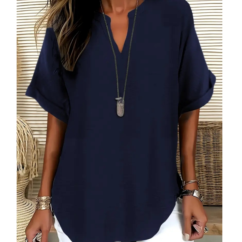💎 SCONTO DEL 60%! 💎 Top a maniche corte casual – Scollo a V con intaglio, orlo asimmetrico e tessuto leggero (5 colori, S–2XL) 👕🌸