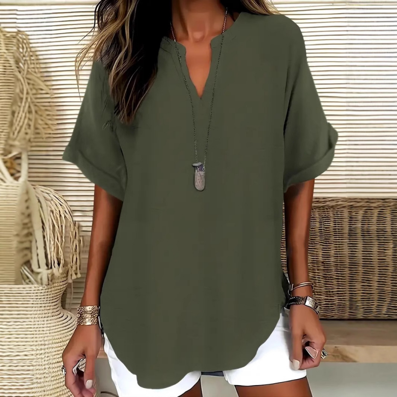 💎 SCONTO DEL 60%! 💎 Top a maniche corte casual – Scollo a V con intaglio, orlo asimmetrico e tessuto leggero (5 colori, S–2XL) 👕🌸